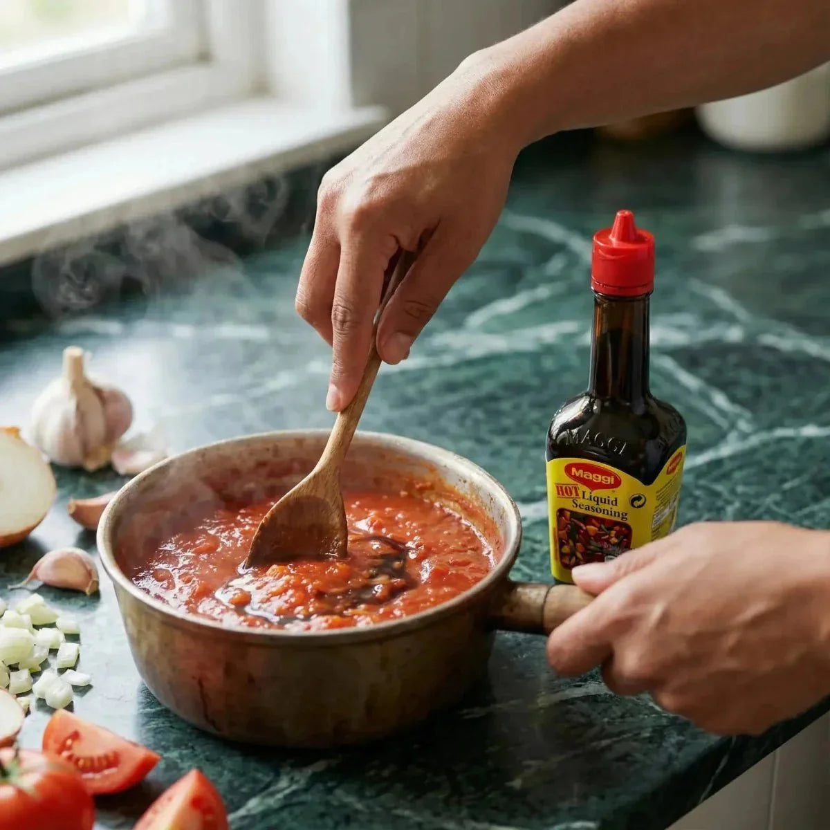 Aroma Maggi Hot in bottiglia da cucina. Salsa di pomodoro in cottura, aglio, cipolla. Mano che mescola.
