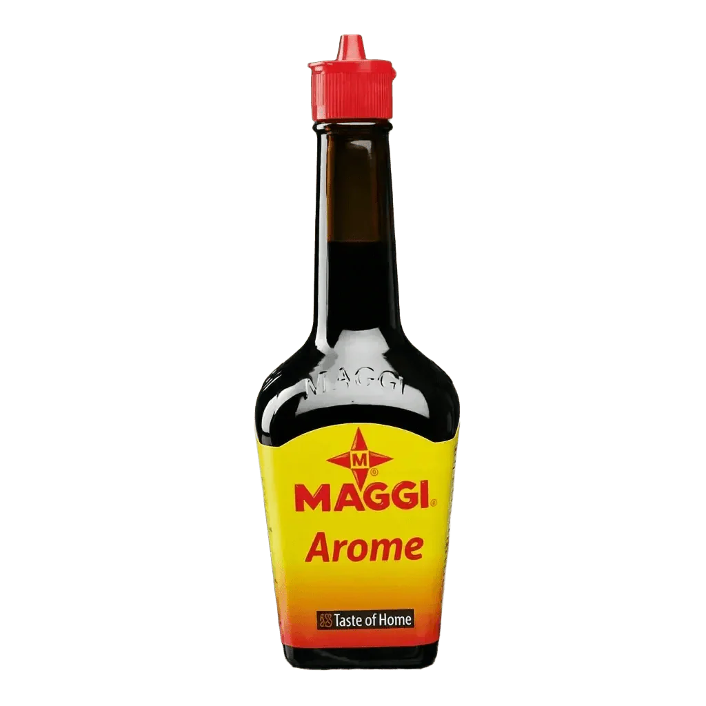 Fles MAGGI Aroma, bruine vloeibare smaakmaker in glazen fles, rode dop. Gele etiket.