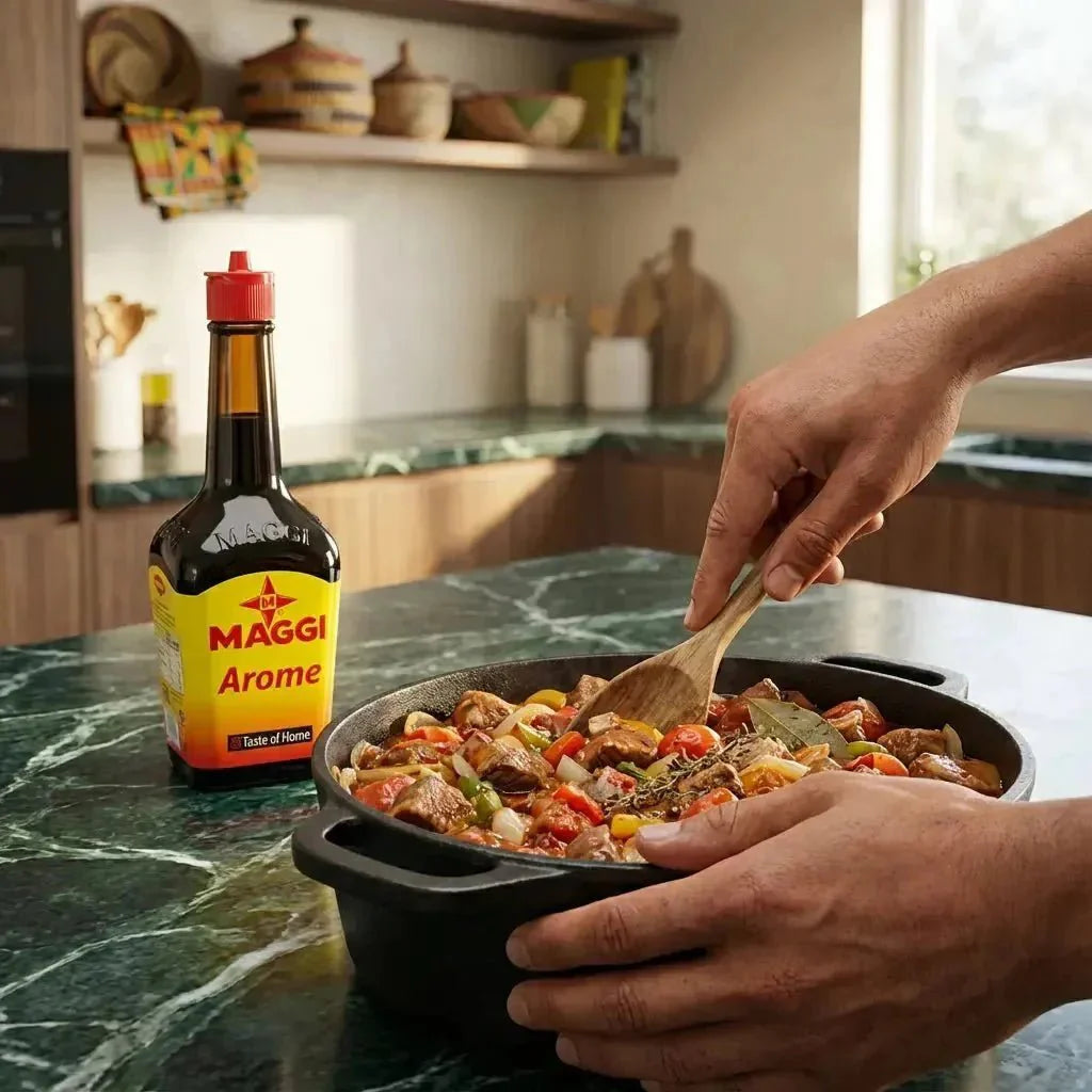 MAGGI seasoning bottle on kitchen table, simmering in preparation. Green, brown, black, red.