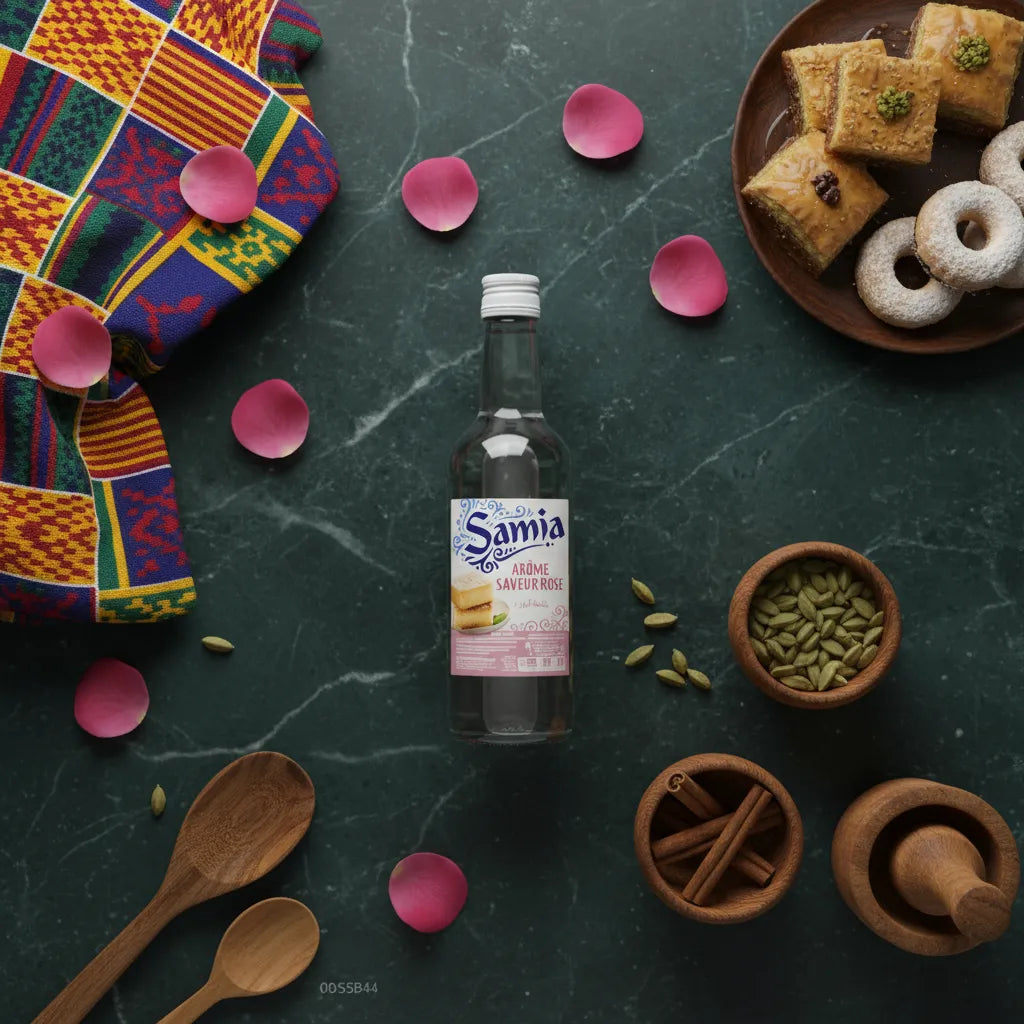 Arôme de rose SAMIA entouré d'épices et pâtisseries orientales - Arôme culinaire | Saveur florale pour desserts et boissons maison.