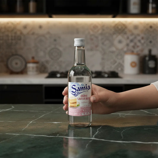 Main tenant une bouteille d'Arôme de rose SAMIA dans une cuisine - Arôme culinaire | Saveur florale pour recettes sucrées.