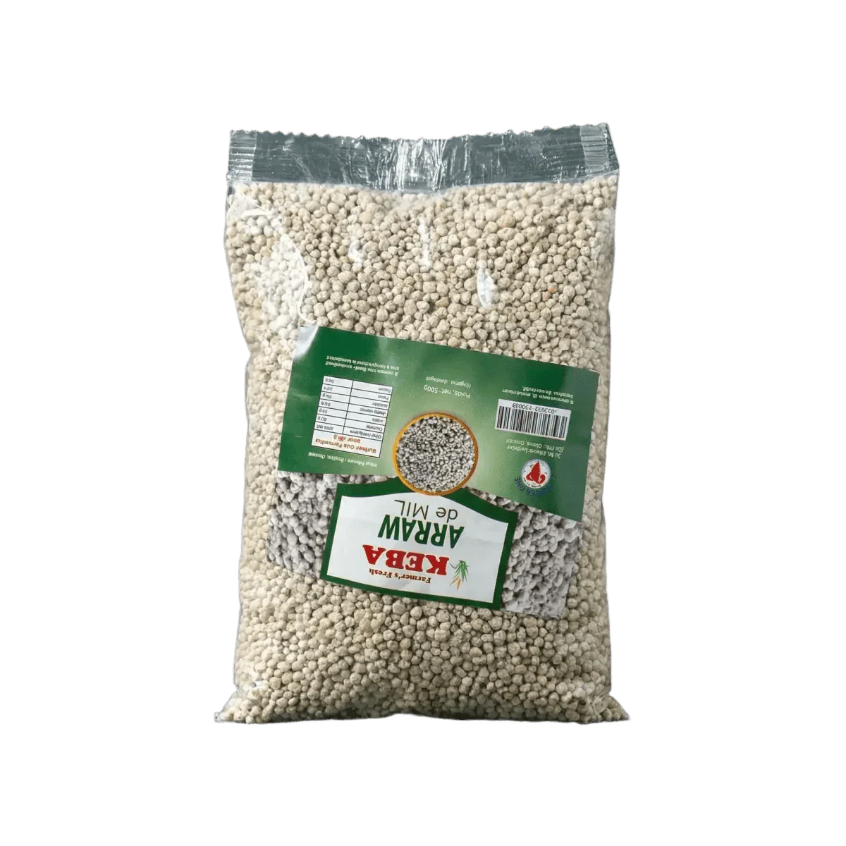 Zakje Keba Arraw van gierst, vooraanzicht op groene achtergrond. Kleine witte bolletjes, groen etiket.