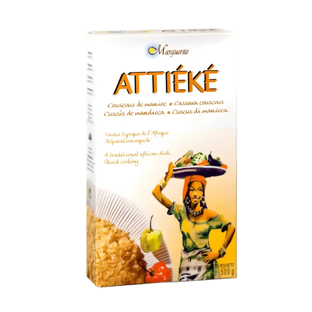 Boîte d'Attiéké Sec Marguerite 500g, couscous de manioc typique d'Afrique, dans la catégorie Épicerie Salée. Idéal pour plats africains authentiques.