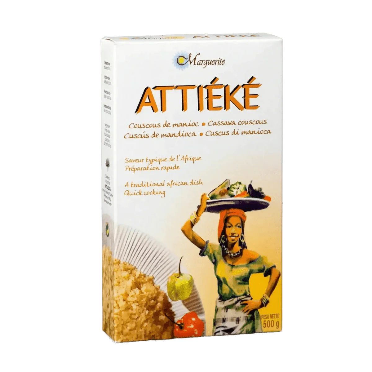 Attiéké Marguerite 500g, cassavecouscous in verpakking, kleurrijke Afrikaanse illustratie.