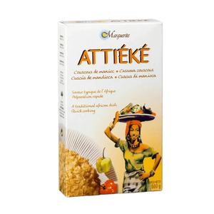 Attiéké Marguerite 500g, couscous di manioca in confezione, illustrazione africana colorata.
