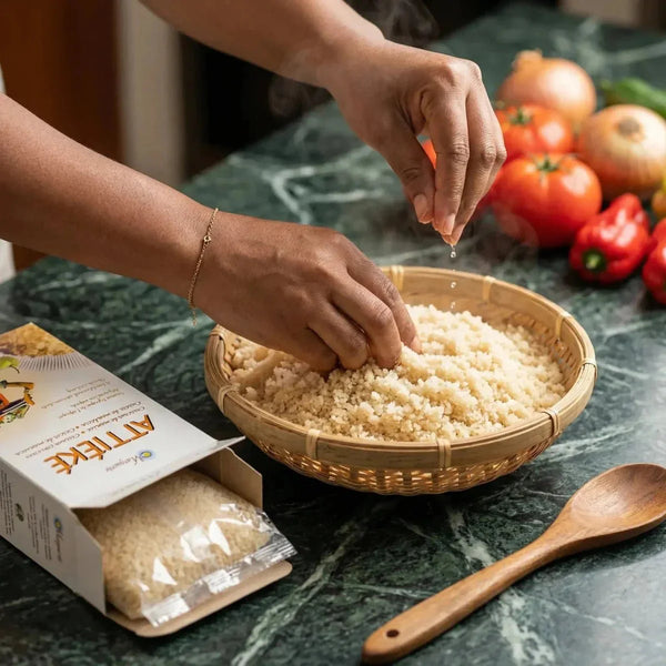 Attiéké sec Marguerite, couscous de manioc en préparation, bol en bambou, légumes frais.