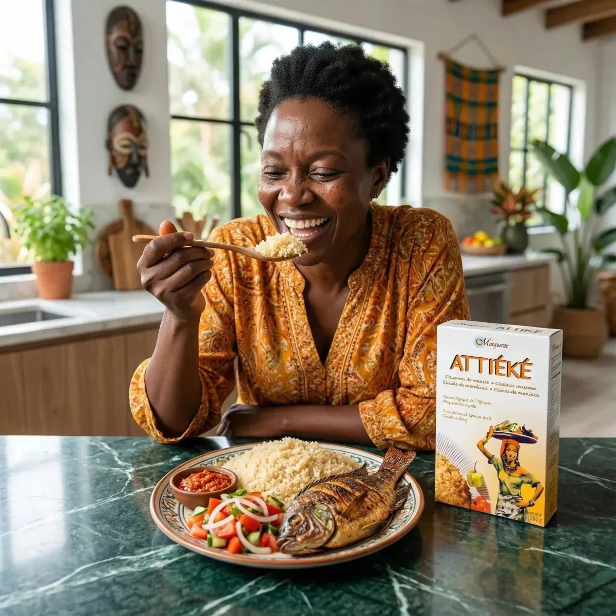 Vrouw die attiéké eet met gegrilde vis en salade. Doos attiéké Marguerite zichtbaar.
