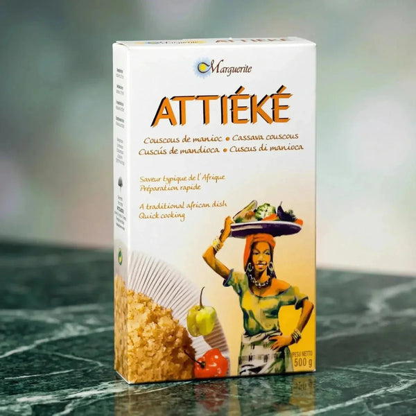 Attiéké sec, par Marguerite, avec une illustration d'une femme africaine portant un plateau de.