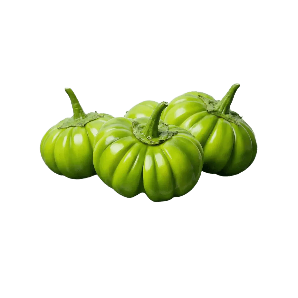 Three green Jakato eggplants, smooth and shiny skin. Fresh vegetables, bright green.