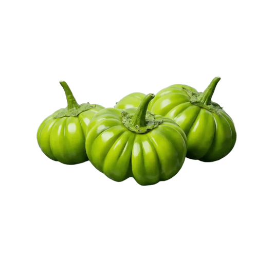 Three green Jakato eggplants, smooth and shiny skin. Fresh vegetables, bright green.