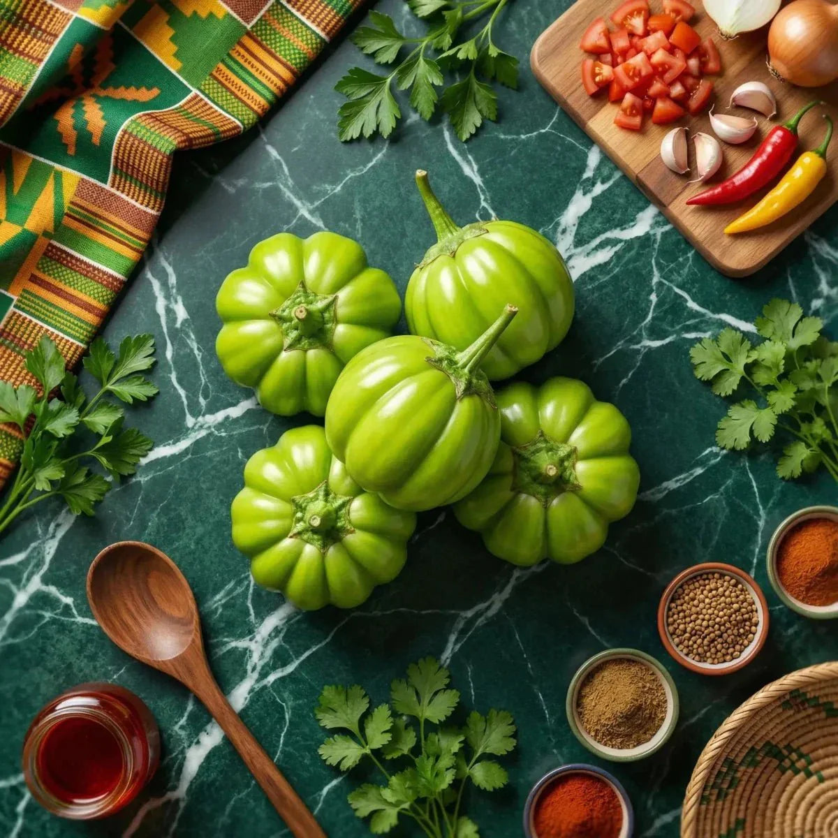Afrikaanse groene Jakato-aubergines op een groene marmeren tafel met specerijen, kruiden en verse groenten.