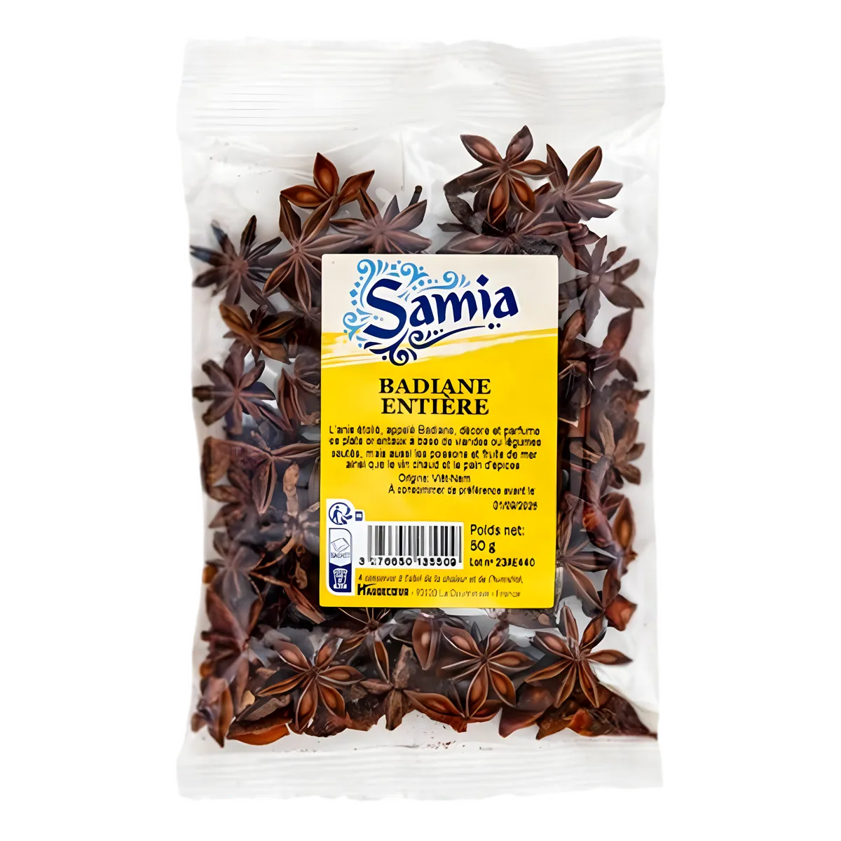 Badiane entière SAMIA - Anis étoilé en sachet de 50g, épice aromatique pour plats sucrés et salés, idéale en épicerie salée.