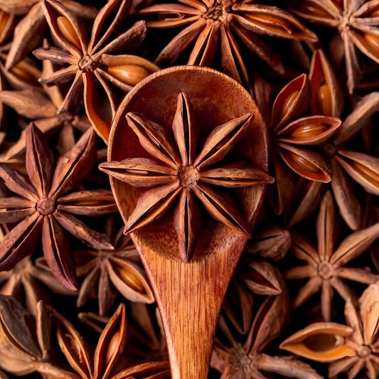 Gros plan de badiane entière SAMIA - Anis étoilé sur cuillère en bois, épice croquante et parfumée pour infusions et desserts.