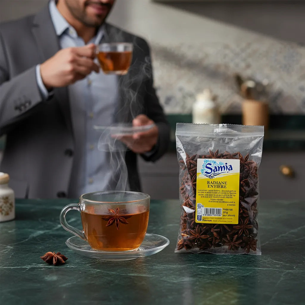 Badiane entière SAMIA - Anis étoilé utilisé dans une infusion chaude, parfait pour boissons aromatiques et recettes épicées maison.