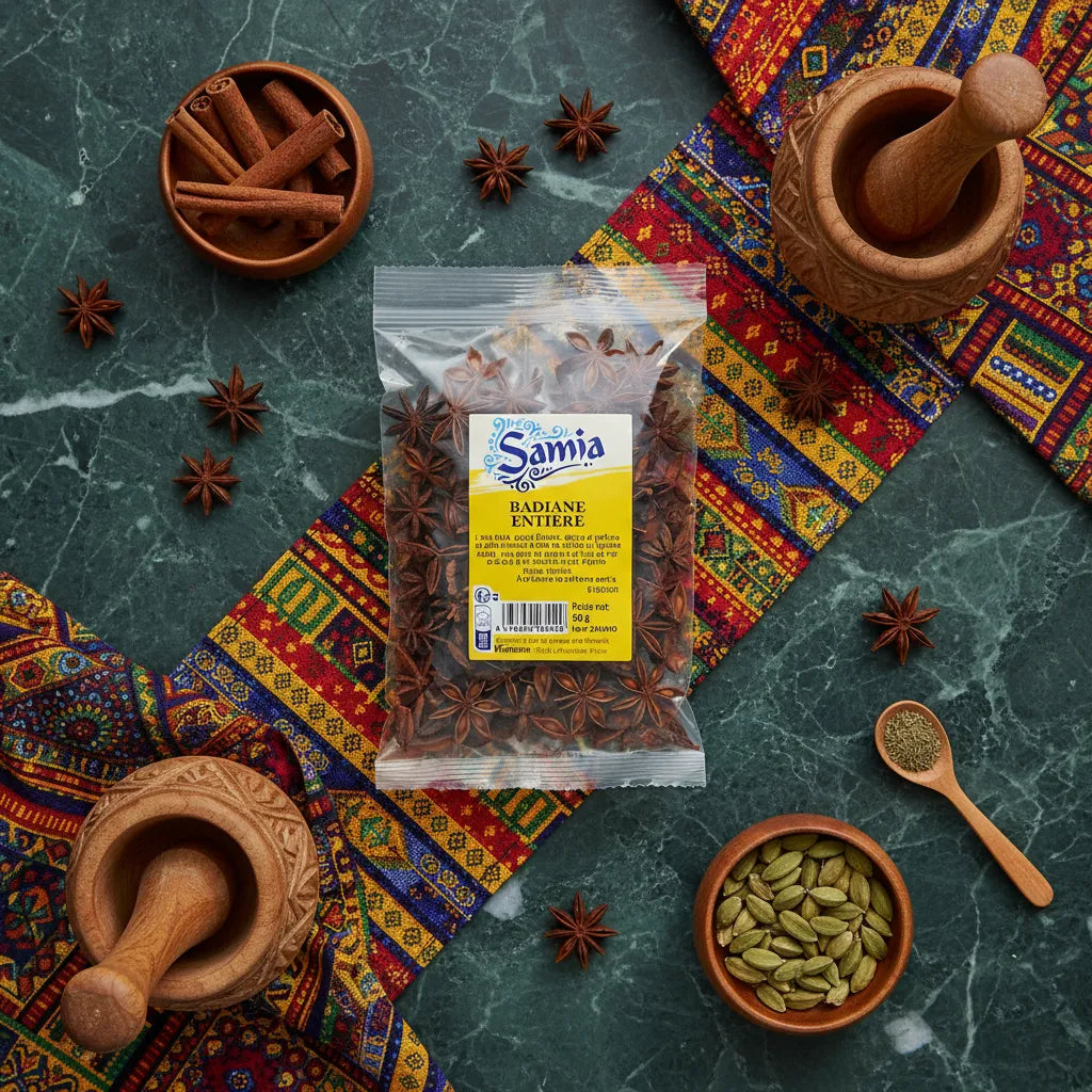 Badiane entière SAMIA - Anis étoilé présenté avec d'autres épices sur fond oriental, parfait pour cuisine traditionnelle et épicerie salée.