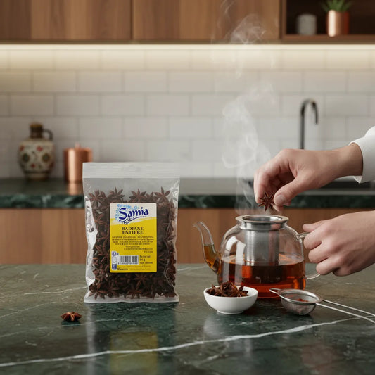 Badiane entière SAMIA - Anis étoilé infusé dans une théière, épice idéale pour tisanes maison et préparations culinaires parfumées.
