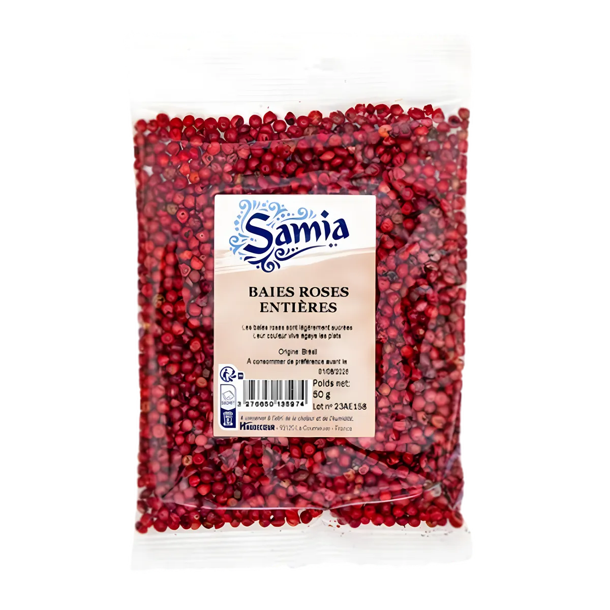 Baies roses entières SAMIA en sachet transparent de 50g, épices sucrées-poivrées idéales pour plats, sauces et marinades.
