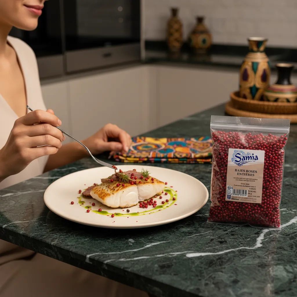 Utilisation des baies roses entières SAMIA pour assaisonner un filet de poisson. Épices sucrées pour rehausser les plats gastronomiques.