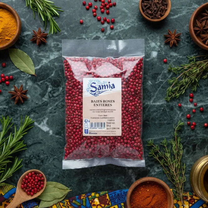 Sachet de baies roses entières SAMIA entouré d'épices variées. Parfait pour sauces, viandes et cuisine créative en épicerie salée.
