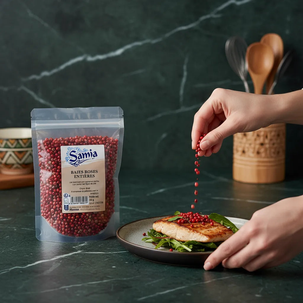 Main saupoudrant des baies roses entières SAMIA sur un plat de poisson. Épices aromatiques pour cuisine raffinée et plats équilibrés.