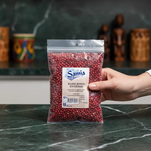 Main tenant un sachet de baies roses entières SAMIA sur fond de cuisine. Épices sucrées-poivrées pour recettes salées et marinades.