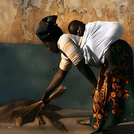 Femme africaine utilisant un balai traditionnel africain pour nettoyer, illustrant l'artisanat et l'efficacité de cet accessoire de maison.