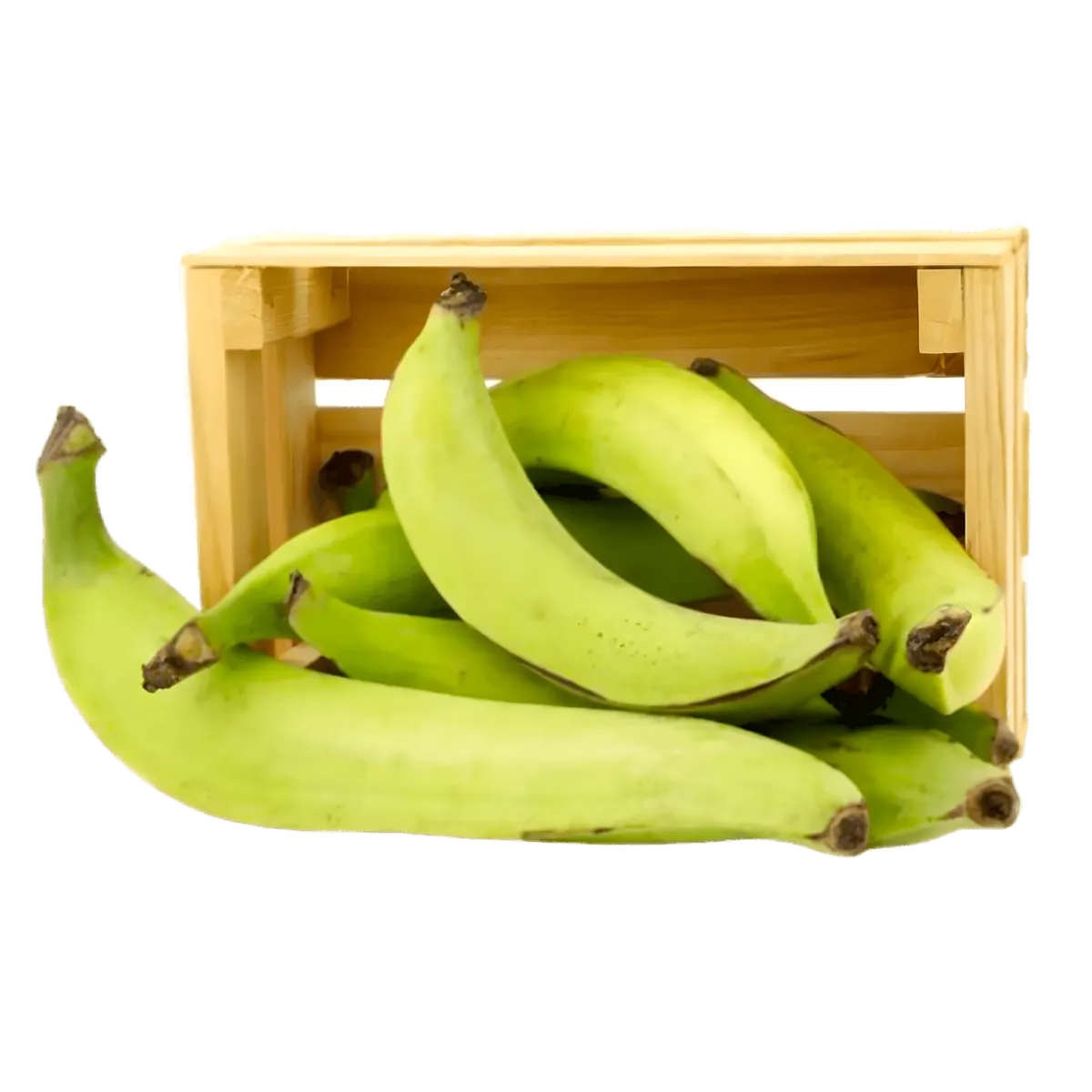 Bananes plantains vertes fraîches dans une caisse en bois, parfaites pour recettes variées. Produit frais riche en goût et texture.