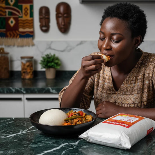 Dégustation d’un plat préparé avec la Farine maïs manioc Banku mix - TERRAFRICA, parfaite pour accompagner sauces et légumes africains.