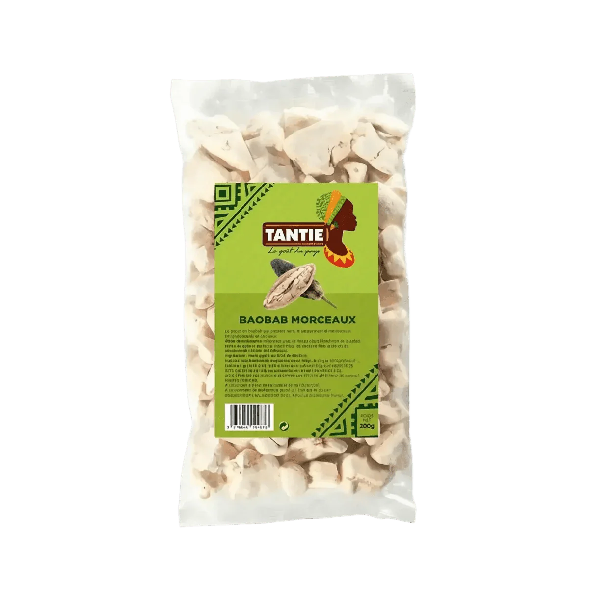 Bag of TANTIE 200g baobab pieces. Close-up of the whitish pieces inside.