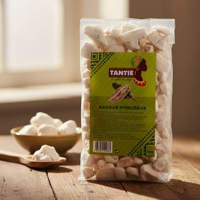 Sac plastique transparent contenant des morceaux de Baobab blancs et irréguliers