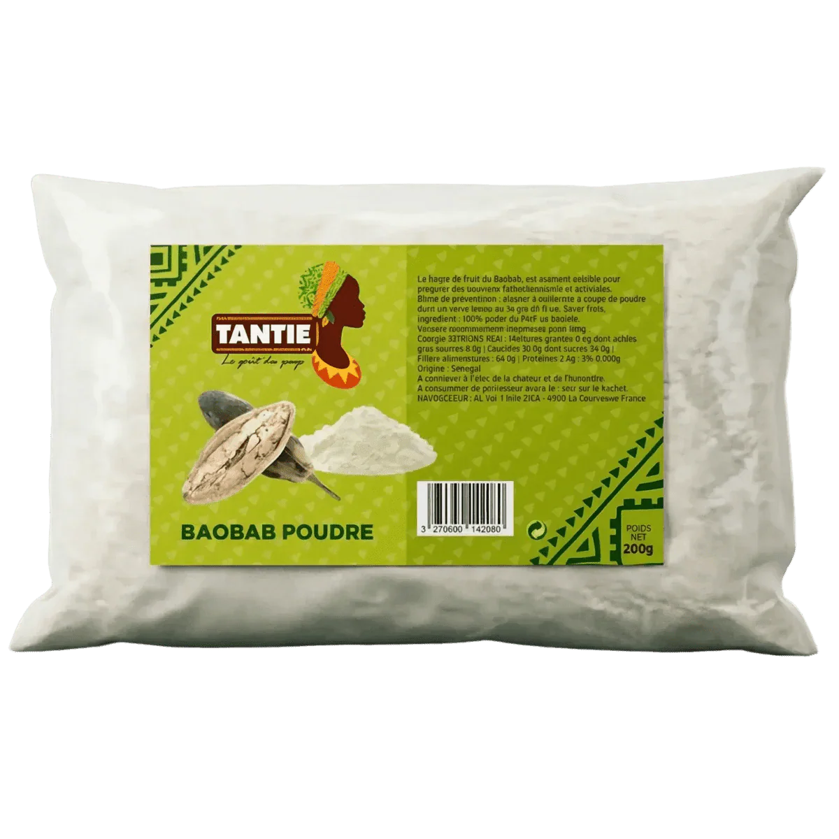 TANTIE baobab powder sachet 200g, Africa logo, baobab fruit, powdered image.