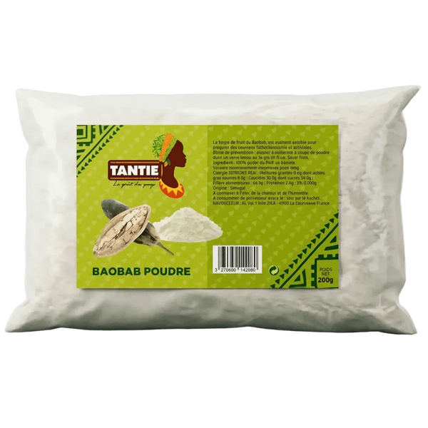 Sachet poudre de baobab TANTIE 200g, logo Afrique, fruit baobab, image poudrée.