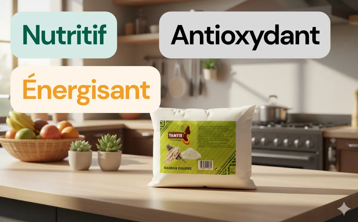 Poudre de Baobab TANTIE posée sur un plan de cuisine moderne, avec mentions Nutritif, Antioxydant et Énergisant, idéale pour une alimentation saine.
