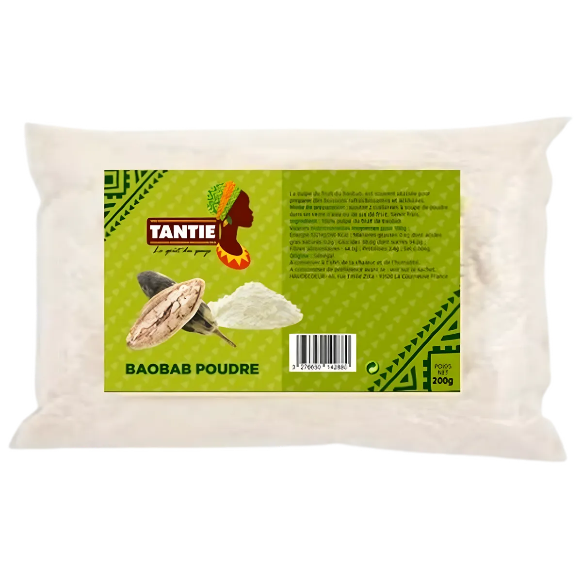 Poudre de Baobab TANTIE 200g, emballée dans un sachet transparent avec étiquette verte, idéale pour une alimentation naturelle et nutritive.
