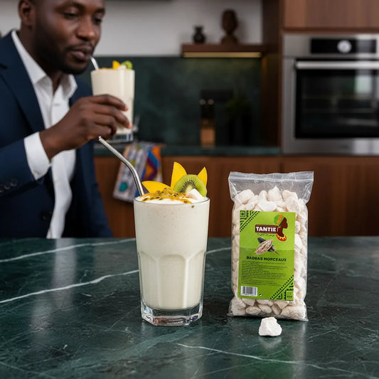 Sachet de Baobab en morceaux TANTIE posé à côté d’un smoothie tropical, illustrant son usage comme en-cas sain et complément de boisson fruitée.