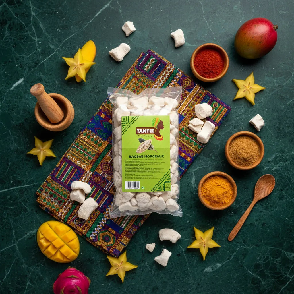 Baobab en morceaux TANTIE entouré de fruits exotiques et épices sur une nappe colorée, soulignant ses origines naturelles et son goût unique.