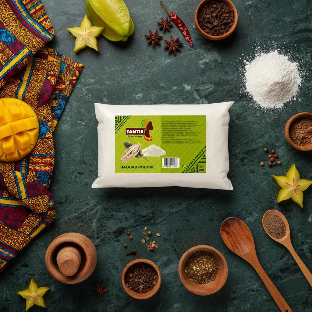 Poudre de Baobab TANTIE posée sur une table avec épices et fruits exotiques, ingrédient naturel pour cuisine africaine et bien-être.
