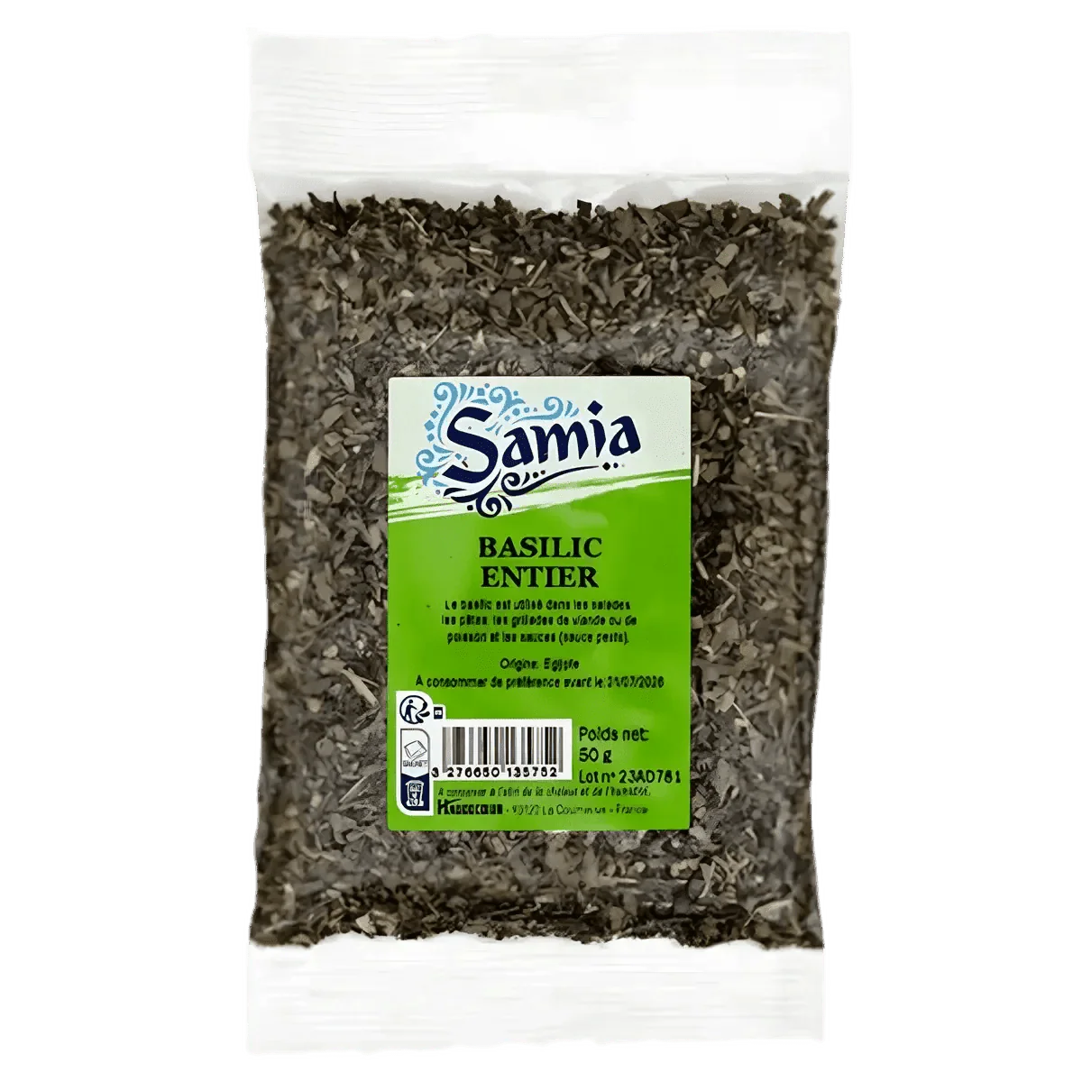 Zak met gedroogde hele basilicum Samia, 50g. Aromatische kruiden in een doorzichtige plastic zak.