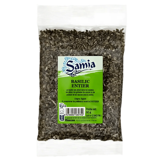 Zak met gedroogde hele basilicum Samia, 50g. Aromatische kruiden in een doorzichtige plastic zak.