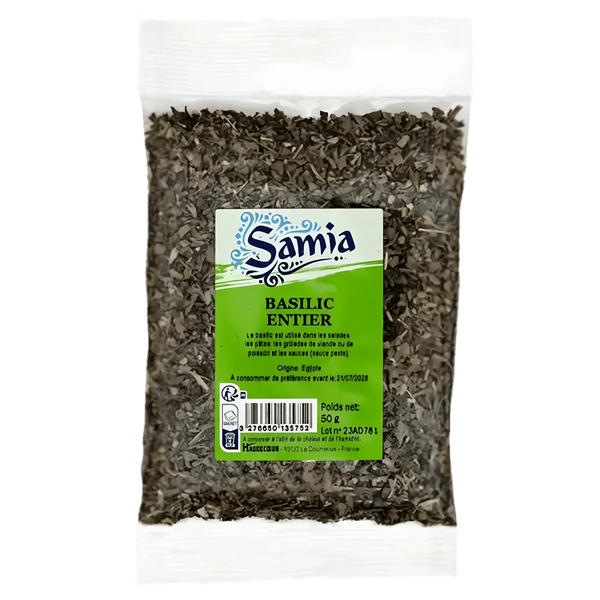 Sachet de basilic entier séché Samia, 50g. Herbes aromatiques en sachet plastique transparent.