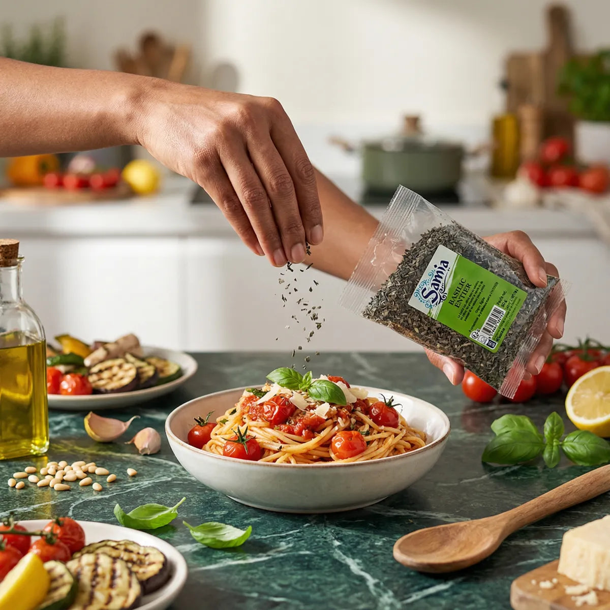 Bereiding van spaghetti: hand die SAMIA basilicum strooit. Tomaten, courgettes, parmezaan.