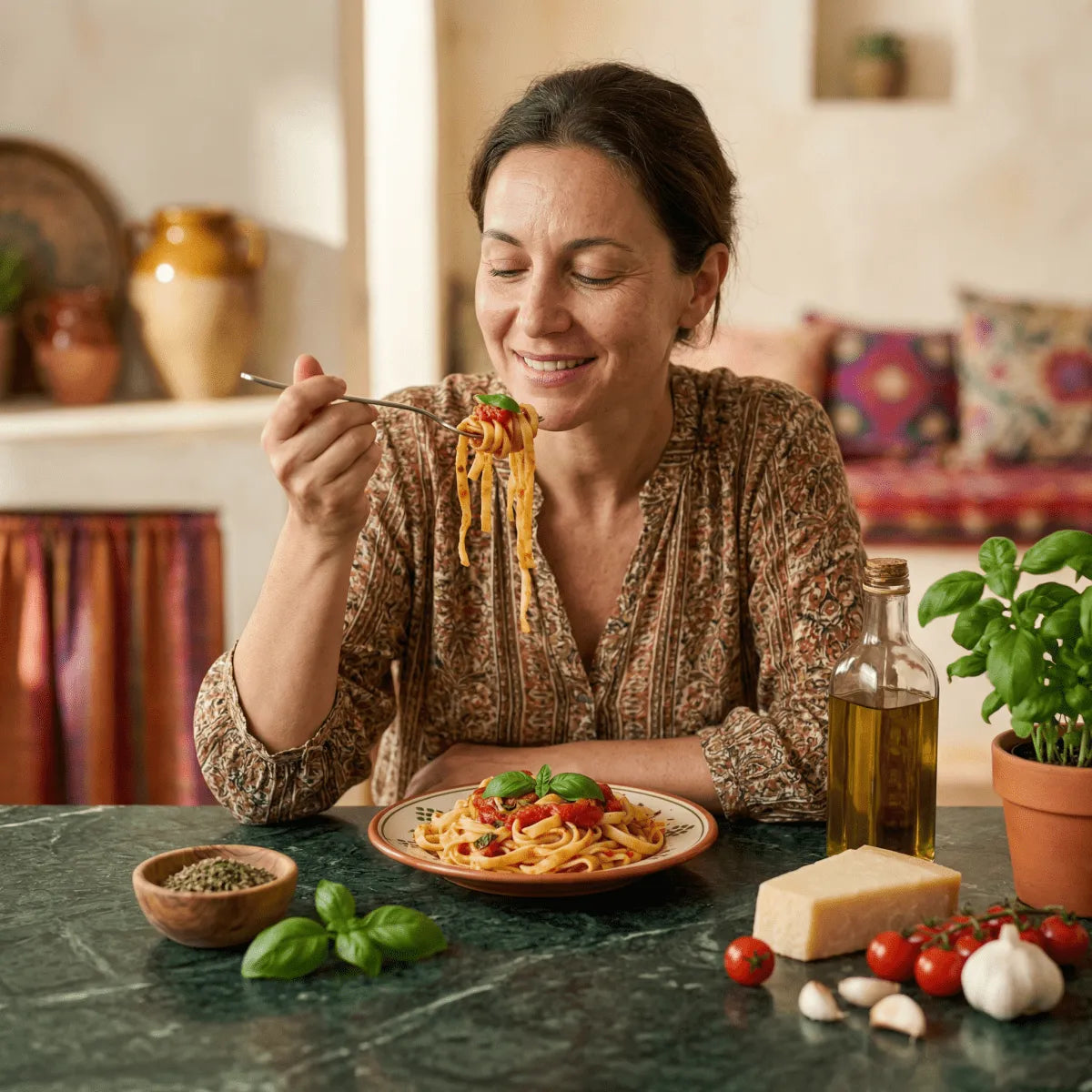 Vrouw die tomatenpasta met verse basilicum proeft. Olie, Parmezaanse kaas.