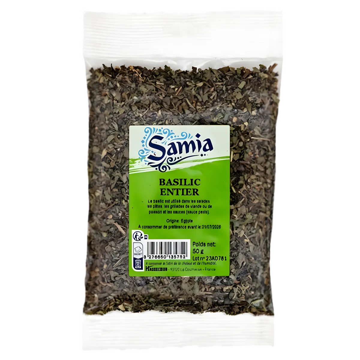 Basilic entier SAMIA - Aromatique et Intense en sachet de 50g, parfait pour assaisonner plats méditerranéens et recettes maison.