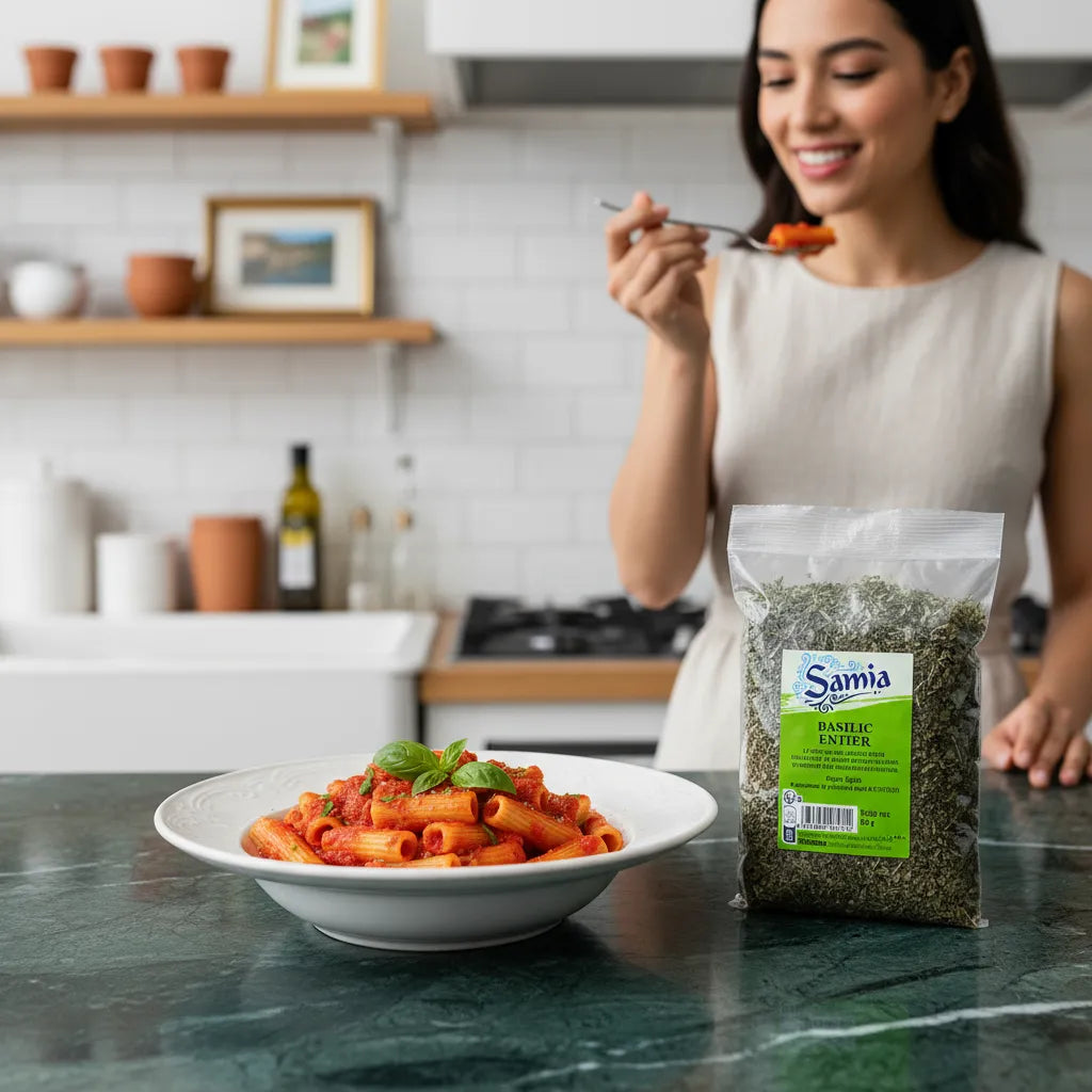 Basilic entier SAMIA - Aromatique et Intense posé à côté d’un plat de pâtes, idéal pour rehausser les saveurs en cuisine quotidienne.