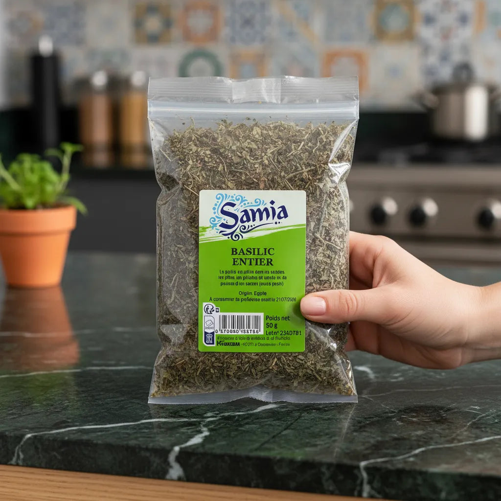 Sachet de basilic entier SAMIA - Aromatique et Intense tenu à la main, idéal pour épicer plats salés avec une touche méditerranéenne.