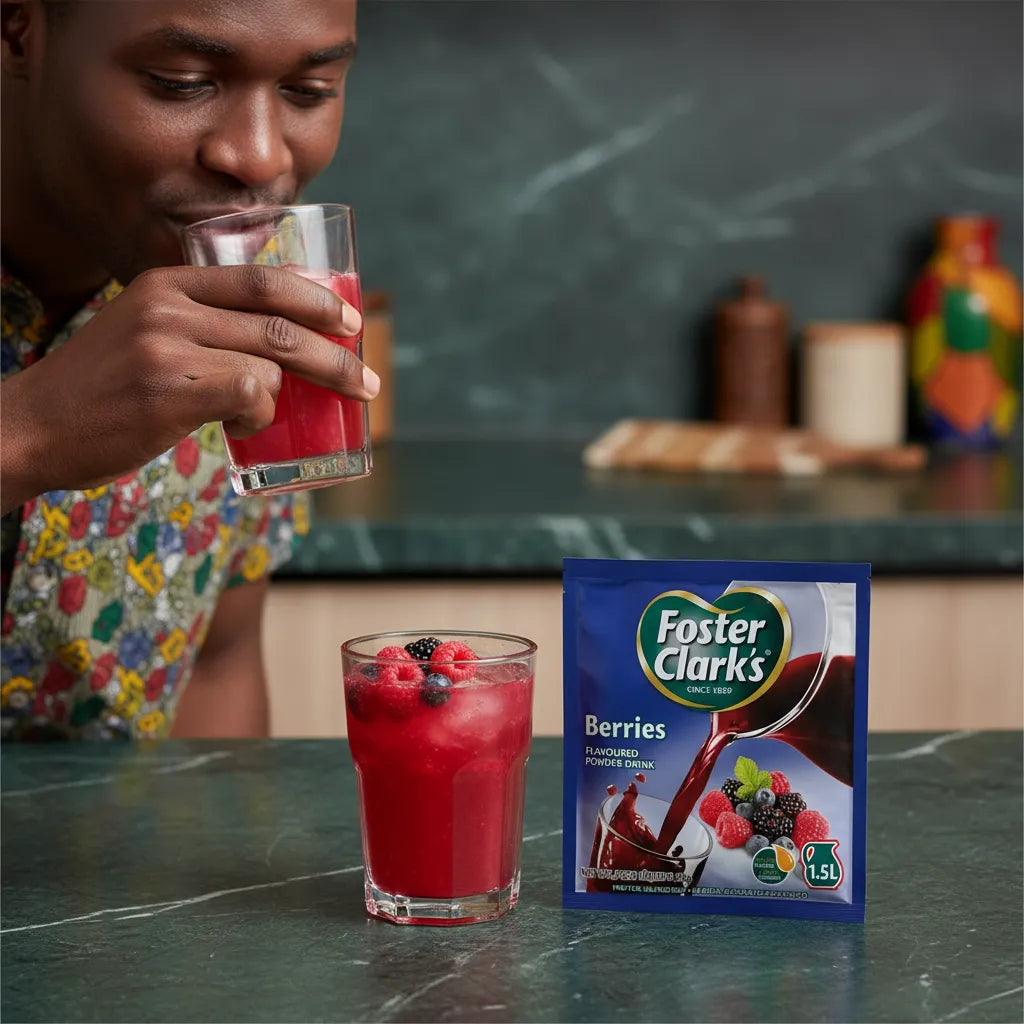 Dégustation du jus FOSTER CLARKS Berries, boisson rafraîchissante aux fruits rouges servie avec glaçons et baies fraîches.
