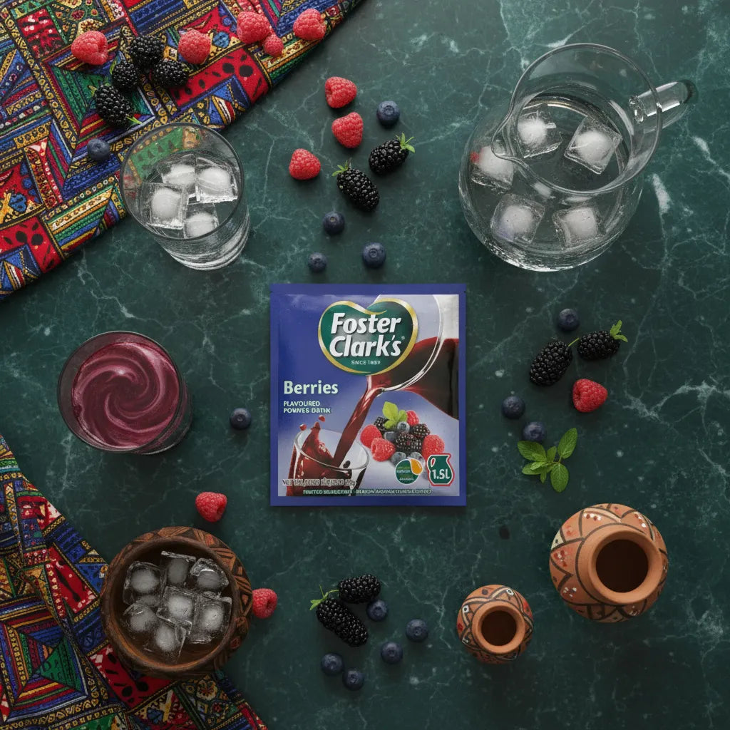 Préparation savoureuse FOSTER CLARKS Jus Poudre Berries sur table avec fruits rouges, verres et pichet d'eau fraîche.