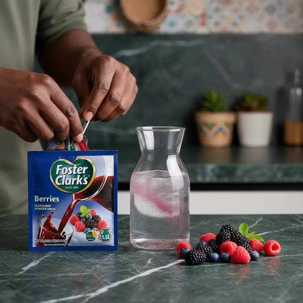 Mélange facile du jus en poudre FOSTER CLARKS Berries avec de l'eau, boisson aux fruits rouges prête en quelques secondes.