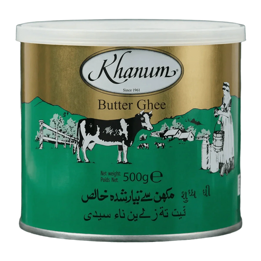 Khanum ghee doos 500g, landelijke decoratie met koe en melkmeid. Goud, groen, wit.
