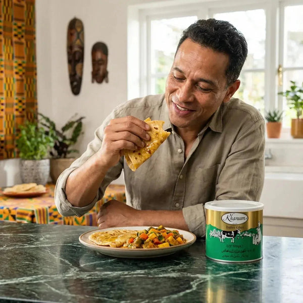 Un homme mange une galette avec du beurre ghee Khanum. Boîte métal verte et or.